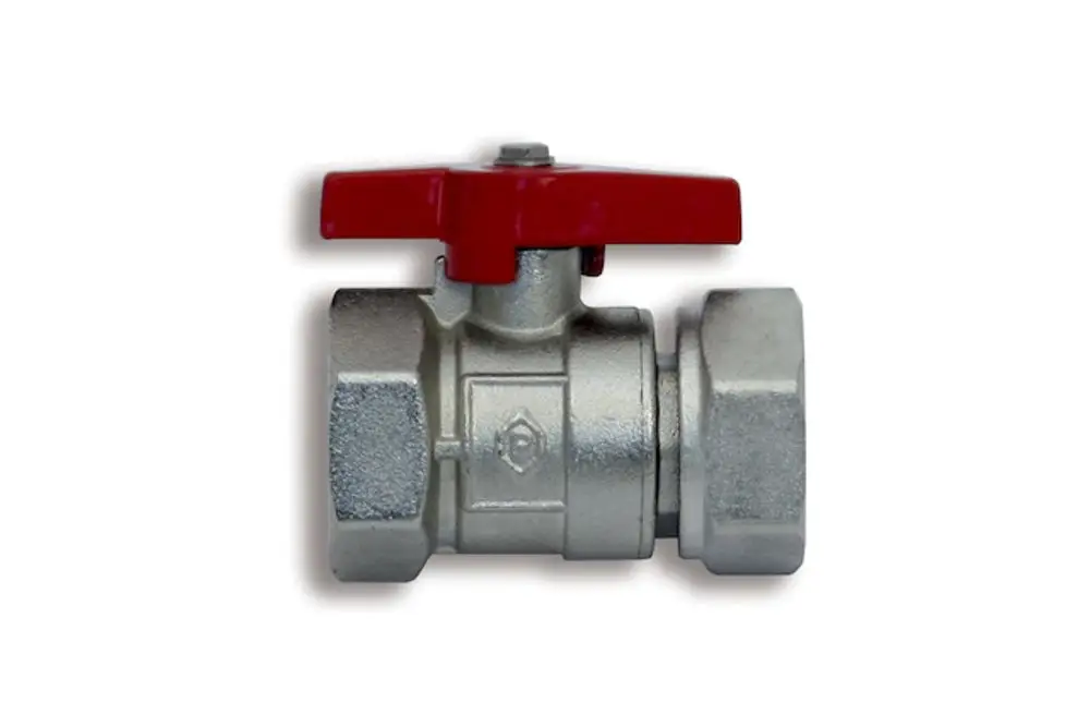 Kugelhahn mit rotem Handgriff, aus Metall gefertigt. Produkt von Roth, geeignet für flüssige und gasförmige Medien in verschiedenen Anwendungen.